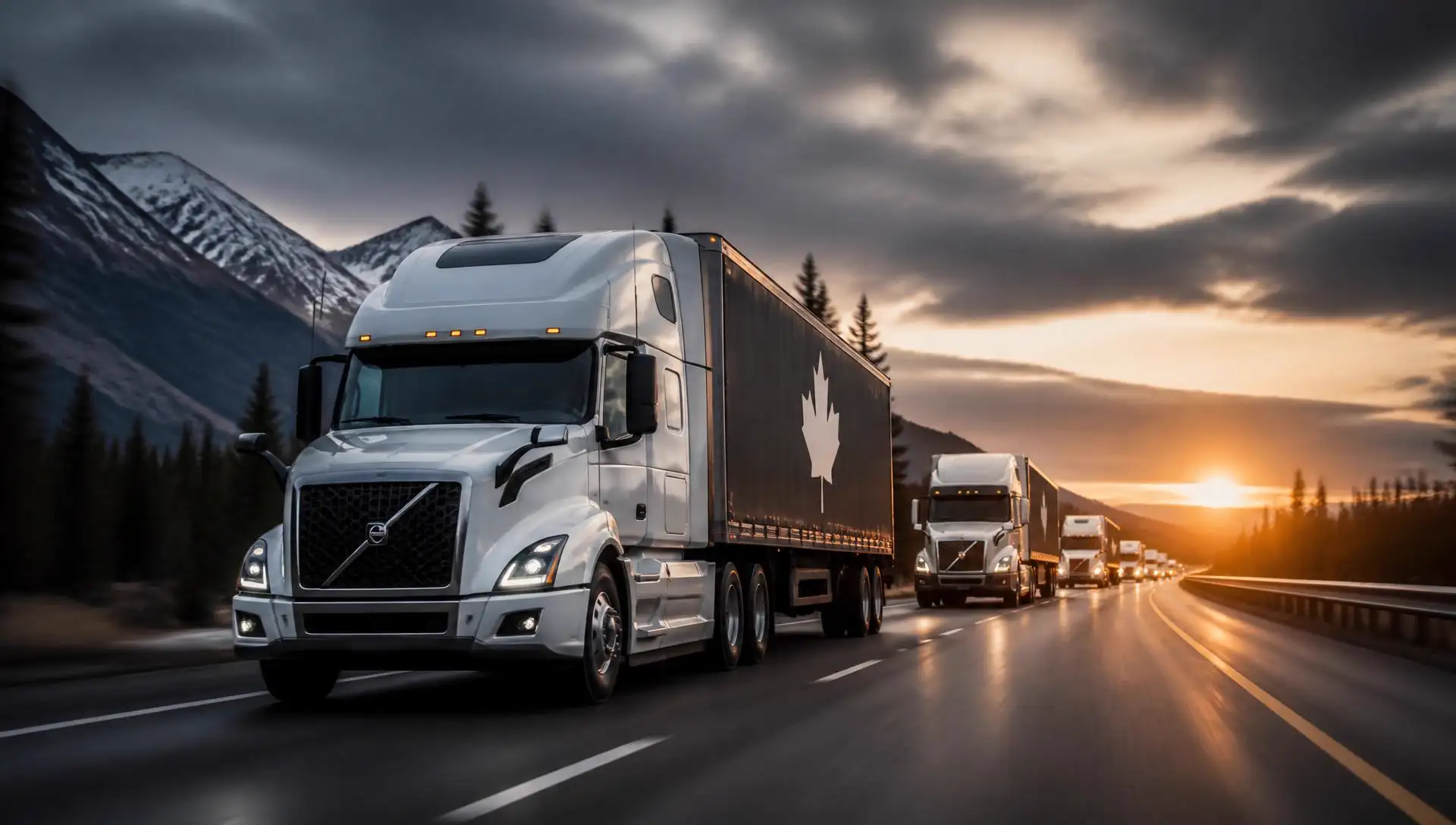 Fleet of transport trucks on a highway at dusk