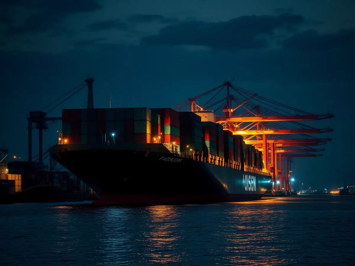 Container ship being loaded at a port terminal