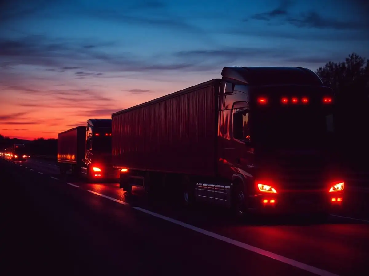 Fleet of highway trucks running at dusk