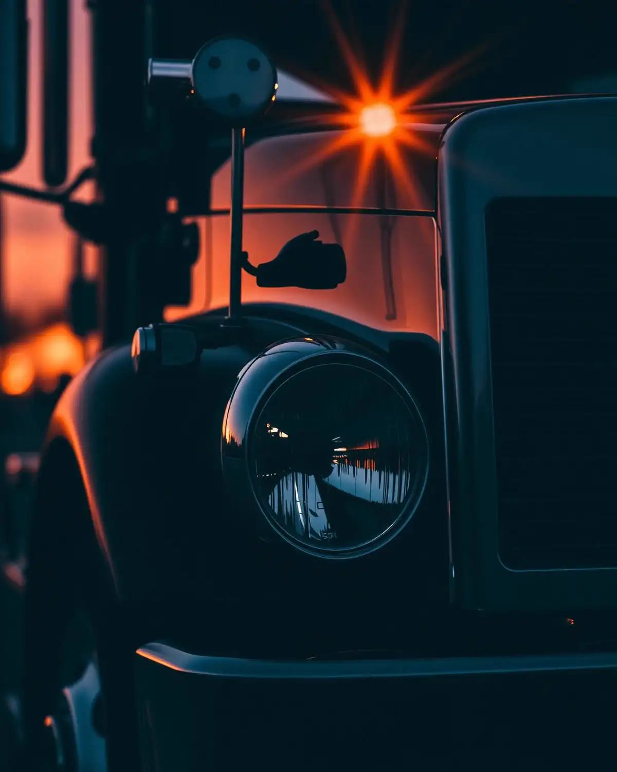 Detail of a transport truck at dusk